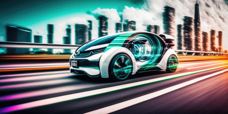 Futuristic electric car driving on urban highway road. distinct generative AI image.の素材