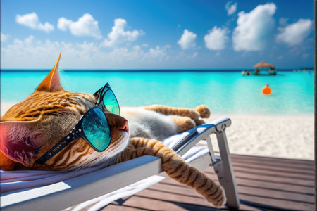 Close-up chilling adorable cat on the beach wearing eyeglasses in summer sunlight concept. Finest generative AI.の素材