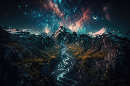 Mountain landscape at night with star in the sky. distinct generative AI image.の素材