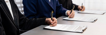 Panorama view of corporate executives sign joint business contract in boardroom, negotiating partnership agreement for collaboration. Professional agreement between big corporations. Prodigyの写真素材