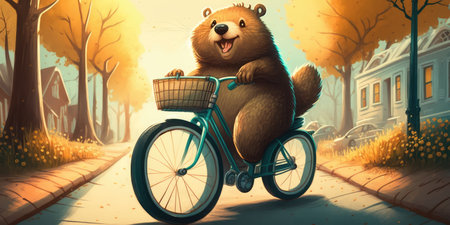 beaver have fun bicycle ride on sunshine day in summer on town streetの素材