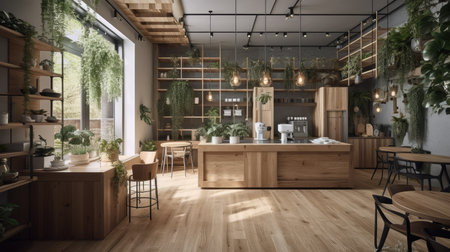 Coffee shop interior decorated with wood and natural plant designの素材