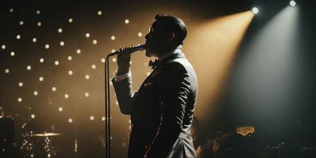 Male jazz singer sing jazz song on the stage at night in jazz club. distinct generative AI image.の素材