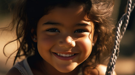 Close up smiling face, young hispanic girl playing on a swing, happiness, childhood, freedom, vitality, outdoor fun, carefree, sunlight. Generative AI AIG20.の素材