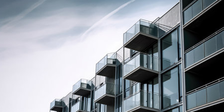 Modern contemporary apartment building, blue sky. Generative AI AIG20.の素材