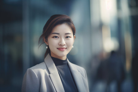 Young smart asian businesswoman, smiling face, standing in blur background of modern office building. Generative AI AIG20.の素材