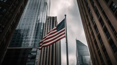 The USA flag on a flagpole near skyscrapers under a cloudy sky. Generative AI AIG21.の素材