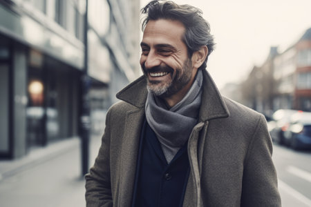 A handsome smiling businessman walking outdoor on city street. Generative AI AIG21.の素材