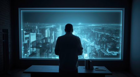 A man looking at blue hologram screen showing the city plan with the light teal and light black. Generative AI AIG21.の素材
