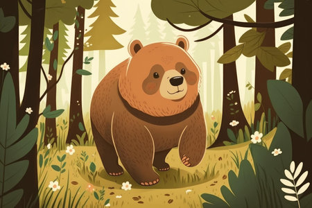 Brown bear in a forest super cute cartoon art style nordic style. Generative AI AIG16.の素材