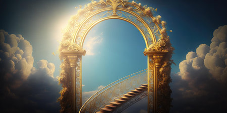 Majestic afterlife heaven gate decorated with ornate gold design. superlative generative AI image.の素材