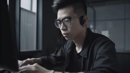 Software Engineer Male Asian Young Adult Typing on laptop in Office. Generative AI AIG22.の素材