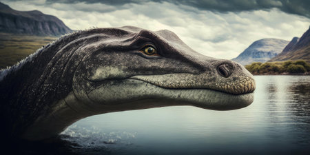 Prehistoric creature or dinosaur in the wild nature. Realistic style drawing. superlative generative AI image.の素材