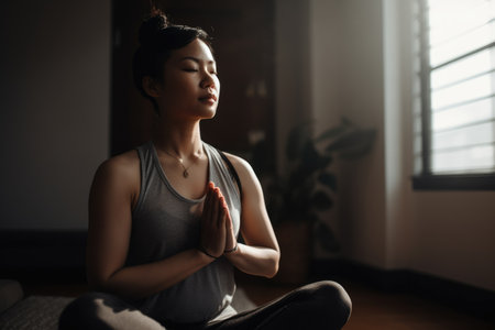 Female Asian middle aged practicing yoga in living room peace. Generative AI AIG23.の素材