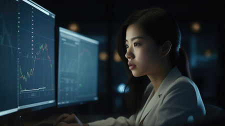 Businessperson Female Asian Mature Analyzing financial data on computer in Office. Generative AI AIG22.の素材
