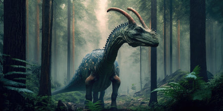 Prehistoric creature or dinosaur in the wild nature. Realistic style drawing. superlative generative AI image.の素材