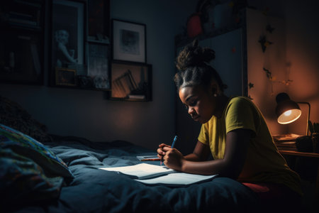 Female African American teenager doing homework in bedroom studying smart. Generative AI AIG23.の素材