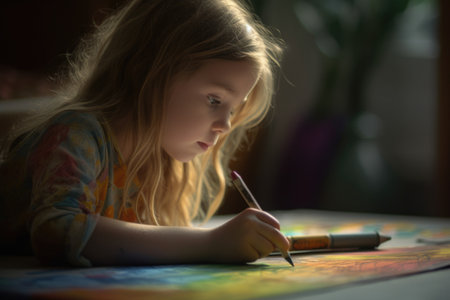 Female Caucasian child drawing in art room artist draw. Generative AI AIg23.の素材