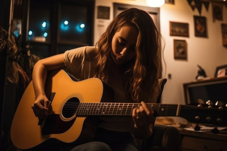 Female Caucasian adult playing guitar in music room activity music. Generative AI AIG23.の素材