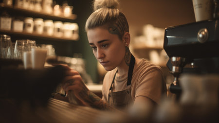 Barista Female Caucasian Young Adult Making Coffee behind the counter in coffee shop. Generative AI AIG22.の素材
