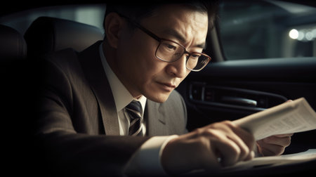 CEO Male Asian Mature Analyzing financial data and making investment decisions in a parked car. Generative AI AIG22.の素材