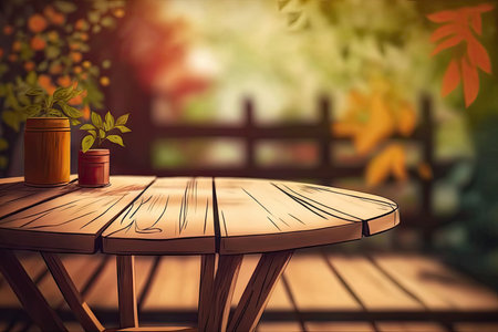 Wooden table background on a blur Orange garden. Generative AI AIG15.の素材