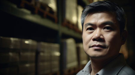 Logistics Coordinator Male Asian Middle-Aged Coordinating the transportation and distribution of industrial goods in Distribution center. Generative AI AIG22.の素材