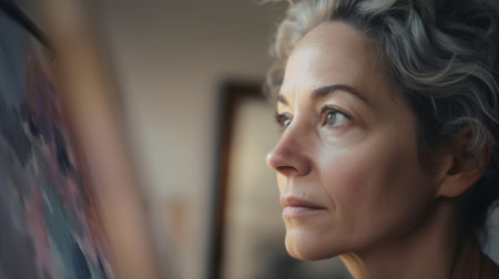 Artist Female Caucasian Young painting the canvas. Generative AI AIG22.の素材