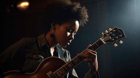Musician Female African-American Young Adult Playing guitar in Recording studio. Generative AI AIG22.の素材