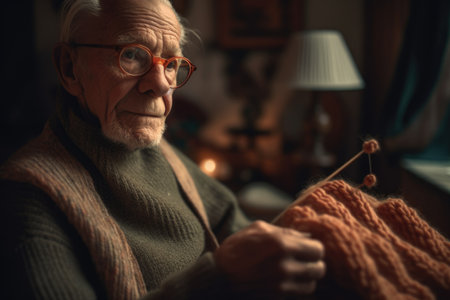 Male Caucasian elderly knitting cozy sweater warmth living room. Generative AI AIG23.の素材