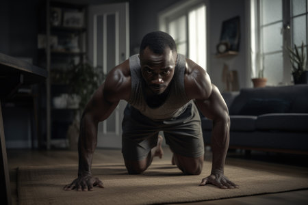 Male African adult working out at home gym athletic exercise. Generative AI AIG23.の素材