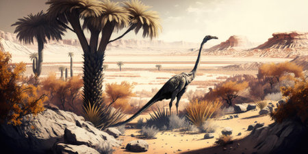 Prehistoric creature or dinosaur in the wild nature. Realistic style drawing. superlative generative AI image.の素材