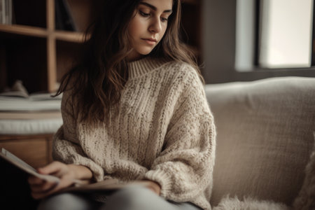 Female Middle Eastern 30s reading books in living room couch casual relaxing. Generative AI AIG23.の素材