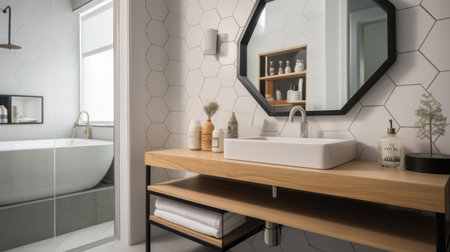 Interior design of Bathroom in Minimalist style with Floating Vanity decorated with Subway Tile, Hexagon Floor material. Coastal architecture. Generative AI AIG24.の素材
