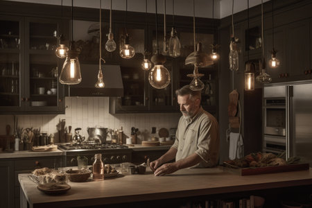 Male Caucasian middle aged cooking a meal in kitchen. Generative AI AIG23.の素材