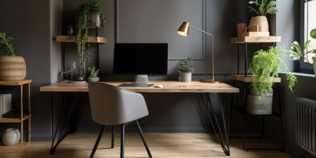 Chair at wooden table with computer monitor and plants in grey spacious home office interior. Generative AI AIG18.の素材