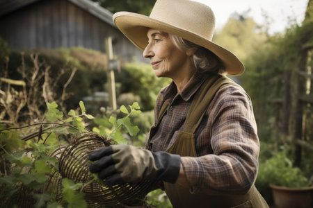 Female Caucasian elderly gardening in backyard plants Earthly. Generative AI AIG23.の素材