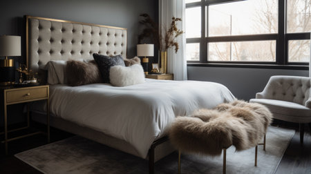 Interior design of Bedroom in Modern style with Headboard decorated with Faux fur, Linen, Metal material. Contemporary architecture. Generative AI AIG24.の素材