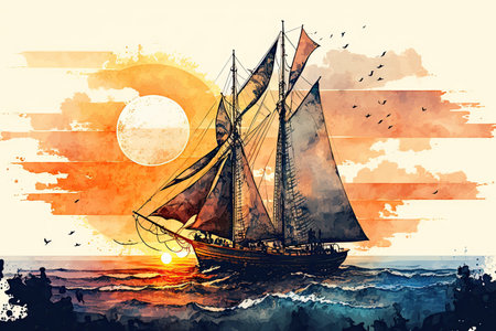 sailboat on ocean at sunset beautiful watercolor style. Glorious Generative AI.の素材
