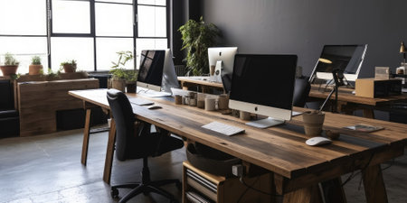 Modern office space with table and chair rustic wooden plank. Generative AI AIG18.の素材