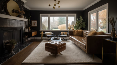 Interior design of Living Room in Mid-Century style with Fireplace decorated with Leather, Velvet, Brass material. Contemporary architecture. Generative AI AIG24.の素材