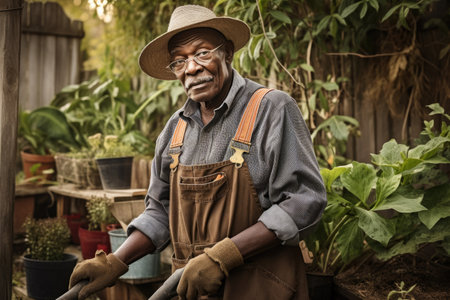 Male African senior gardening in backyard plants overalls. Generative AI AIG23.の素材