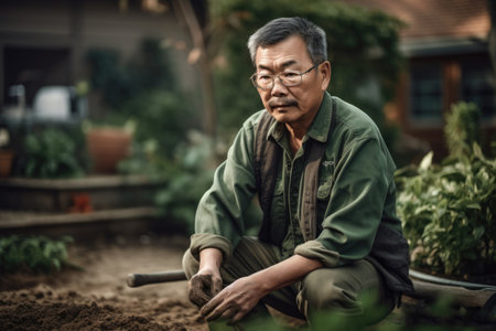 Male Asian senior gardening in backyard plants grass. Generative AI AIG23.の素材