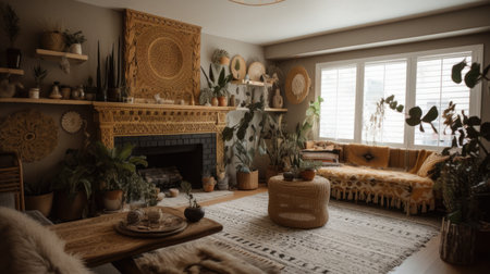 Interior design of Living in Bohemian style with Fireplace decorated with Rattan, Textured Fabrics, Ceramic Tiles material. Eclectic architecture. Generative AI AIG24.の素材
