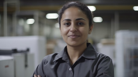 A smiling Hispanic female electronic factory worker standing in factory. Generative AI AIG19.の素材