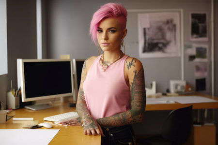 Cool female fashion designer, smiling face, looking at camera, pink hair, piercing, tattoo, standing at office desk, laptop, colorful trendy interior office. Generative AI AIG20.の素材