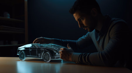 A business man touching a model of modern automobile car on a tabletop. Generative AI AIG21.の素材