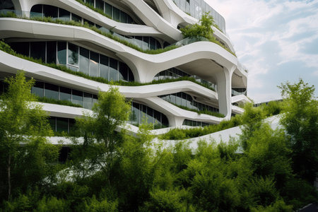 Futuristic architecture, sustainable building design, painted in white. Generative AI AIG18.の素材
