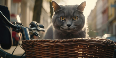 cat have fun bicycle ride on sunshine day in summer on town streetの素材