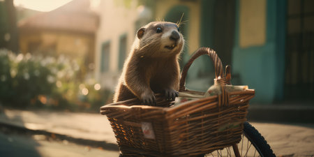 otter have fun bicycle ride on sunshine day in summer on town streetの素材